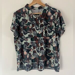 Oiselle Fruit & Floral Pattern Button-Up Lightweight Short Sleeve Boxy Shirt
